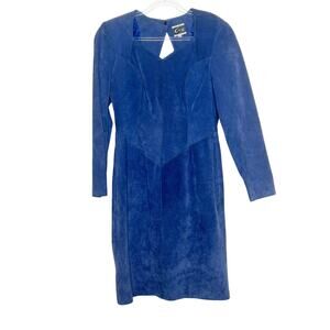 GLOBAL IDENTITY Suede Leather Sheath Dress Knee Length Long Sleeve Blue Sz 11/12
